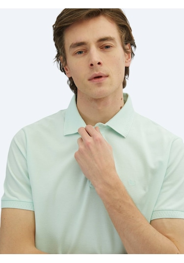 Su Yeşili Düz Polo Yaka %100 Pamuk T-shirt Su Yeşili
