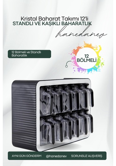 12'li Baharatlık Takımı Standlı Kendinden Yapışkanlı Kaşıklı Ve Kapaklı Baharatlık Seti Antrasit