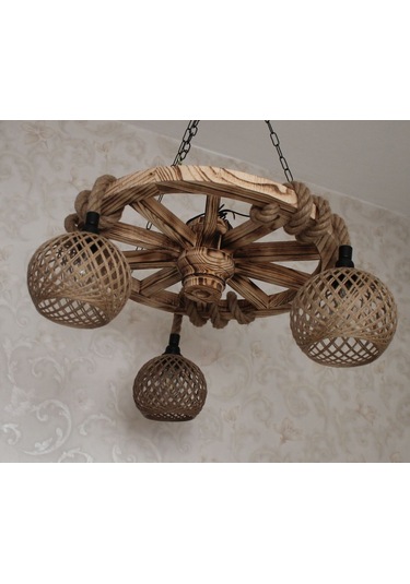 Otantik Çarşı Ahşap Teker Avize 60 Cm. 3 Duylu Hasır Şapkalı Siyah