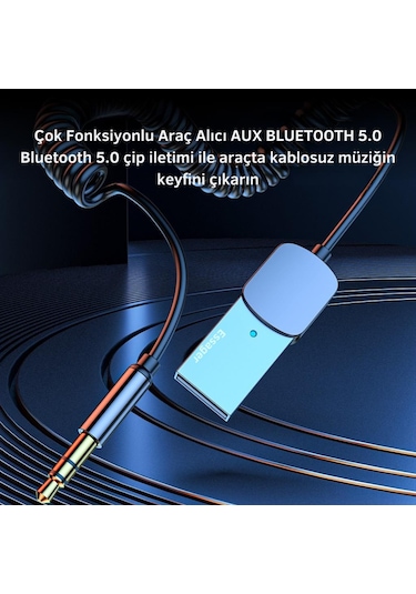 Essager Bluetooth 5.0 Araç Aux Adaptörü, Kablosuz Müzik, Telefon Görüşmesi İçin Kablosuz Ses Aktarıcı