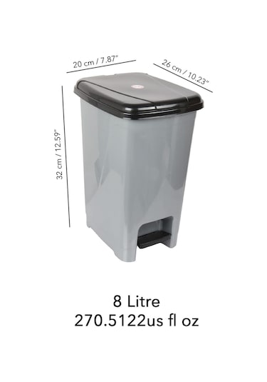 Pedallı Gri Banyo Mutfak Çöp Kovası Siyah Kapaklı Slim Pedallı Çöp Kovası 8 Litre Gri