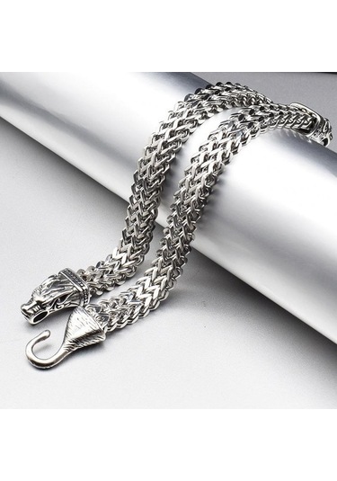 Novahub İskandinav Viking Kurt Kafası Paslanmaz Çelik Erkek Bileklik Hip Hop Kişiselleştirilmiş Çift Sıralı Bilezik 19cm Gümüş Gümüş