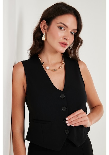 Lela Streç Fitted Fit V Yaka Düğmeli Bayan Yelek 5865971 Siyah