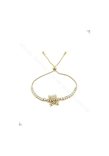 Zirkon Taşlı, Kar Tanesi, Asansörlü, Paslanmaz Çelik Bileklik 463, Altın Renk Altın