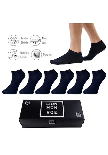 Lion Monroe Saf Bambu Erkek Patik Düz Kısa Lacivert Çorap Dikişsiz Premium Kutulu 6'lı L5952aznp Softaura