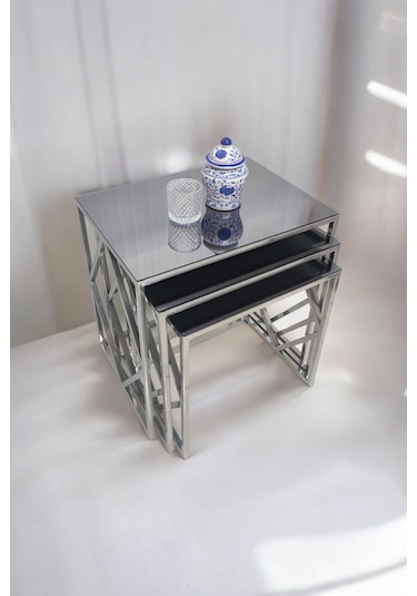 Venice Gümüş Metal Ayaklı Füme Aynalı Zigon Sehpa