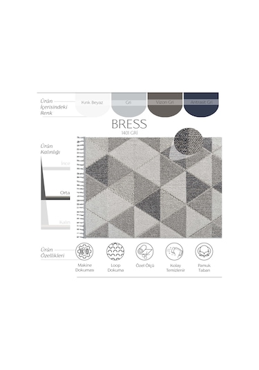 Cool Halı Bress 1401 Gri Hav Toz Vermez Hasır Dokulu Salon Mutfak Antre Bukle Örgü Modern Desen Halı
