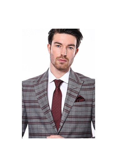 Ekose Desenli Slim Fit Bordo Erkek Ceket 001