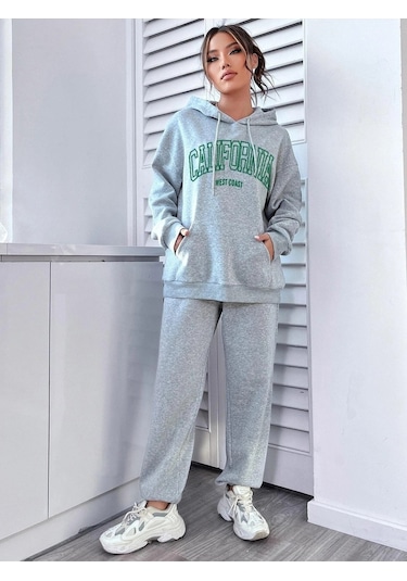 Eşofman Takımı Sweatshirt Jogger - Gri Baskılı Oversize Şardonlu Kapüşonlu Gri