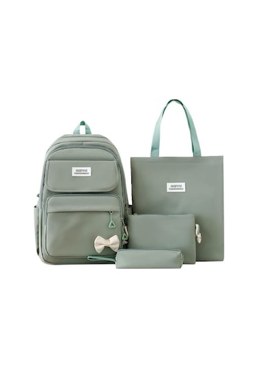 Novahub Dört Parça Sırt Çantası Seti Düz Renk Sırt Çantası Öğrenci Okul Çantası Açık Hava Seyahat Geniş Kapasiteli Sırt Çantası Yeşil Yeşil