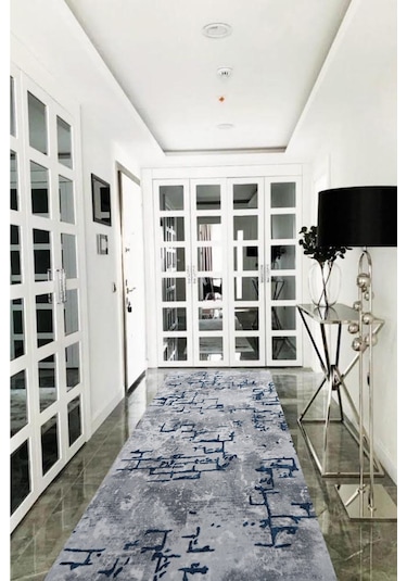 Mavi Gri Kaymaz Tabanlı Kesme Yolluk Koridor Mutfak Salon Halısı