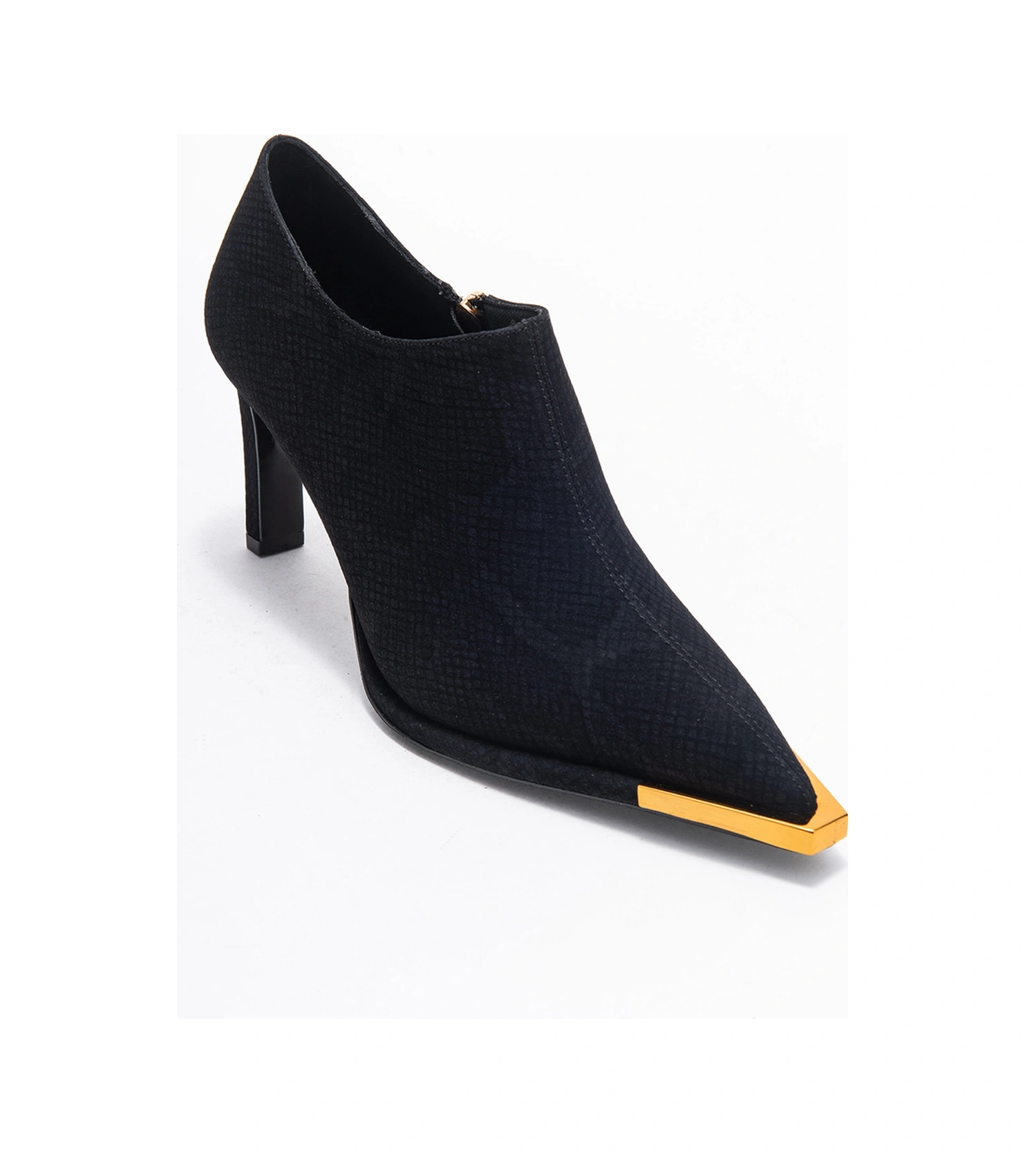 Sona Siyah Desenli Altın Detaylı Fermuarlı Kadın Bilekte Topuklu Ayakkabı Siyah Yılan