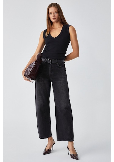 GRIMELANGE Lescosa Kadın Slim V Yaka Kolsuz Siyah T-shirt Siyah