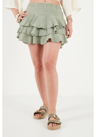 Lela Pamuklu Regular Fit Fırfırlı Mini Müslin Şort Etek Bayan Etek 5866662 Olive