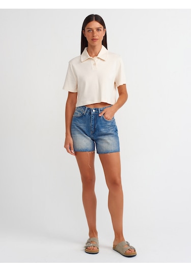 Dilvin Paçası Kesik Denim Şort Tint