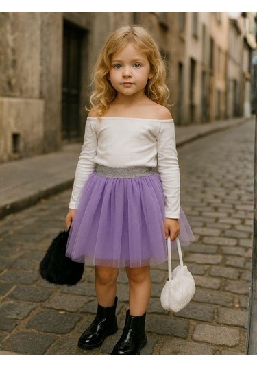 Kız Çocuk Beli Lastikli Tütü Etek-16227 Lila