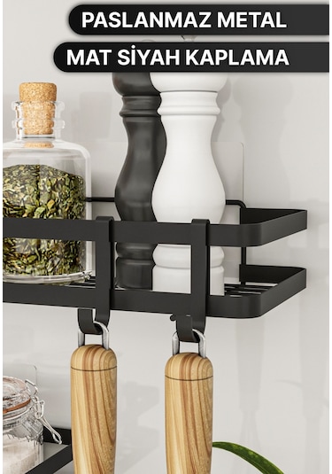 Bino Mutfak Rafı 2'li Set Yapışkanlı Lüks Modern Siyah Metal Baharatlık Rafı Organizer Düzenleyici Siyah