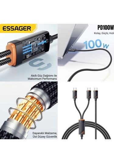 Essager 1.2 Metre 100w 2in1 Type C To 2x Type C Şarj Ve Data Kablosu, Çift Cihaz Desteği, Dayanıklı Örgülü Tasarım,