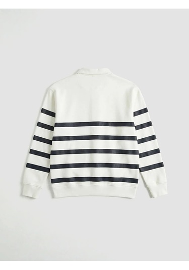 Lc Waikiki Beyaz Polo Yaka Çizgili Erkek Kalın Sweatshirt