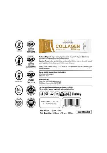 Aromel Type I II III 10000 MG Multi Gold Hidrolize Kolajen 30 Şase 300 G