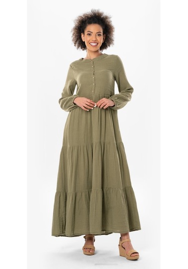 Uzun Kol Akay Uzun Düğme Detay Yazlık Müslin Elbise Haki Hk-haki Haki