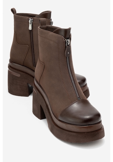 Anett Kahverengi Cilt-süet Fermuarlı Kadın Platform Topuklu Bot Kahverengi Deri