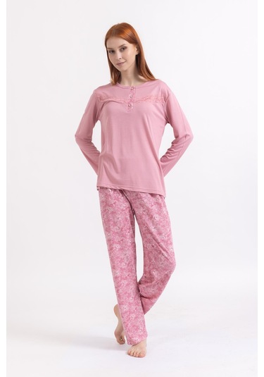 Kadın Dört Mevsim Dantel Desenli Melisa Kumaş Yüksek Kalite Yuvarlak Yaka Pijama Takımı 1361 - Pudra