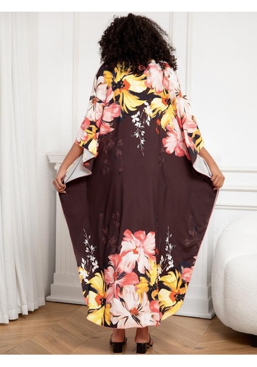 Edolynsa Şık Bohem Kadın Kaftan Kaftan Büyük Beden Ev Elbisesi Yarasa Kol Ev Giyim Mayo Örtüsü Ev Giyim Q1289 Çok Renkli