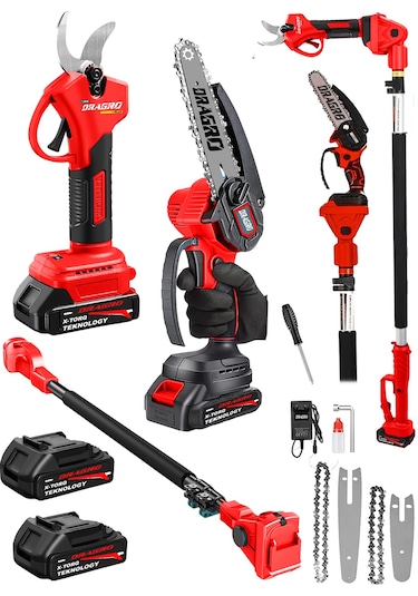 Dragro DRG-128mt Mavi Kömürsüz 21 V 3 Ah 2 Metre Teleskopik Uzatma Akülü Bağ Dal Budama Kesme Makası Makinesi