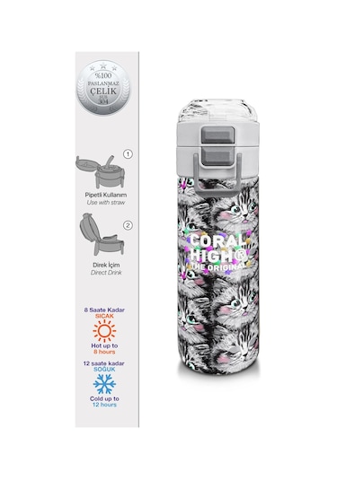 Coral High Kids Gri Kedi Desenli Pipetli Ve Direkt İçim Çelik Termos 500 Ml 31851 Gri