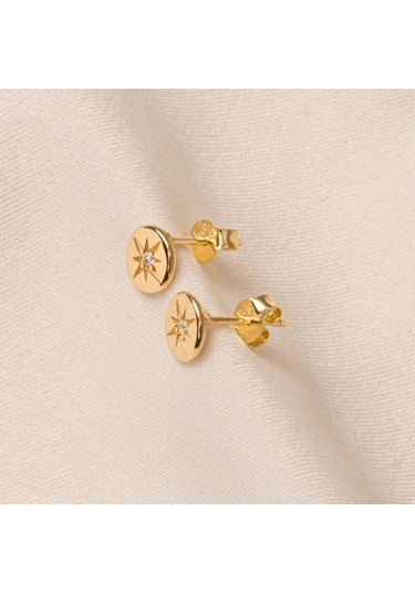 Altın Küpe - 14 Ayar Altın Kutup Yıldızı Taşlı Küpe Sarı