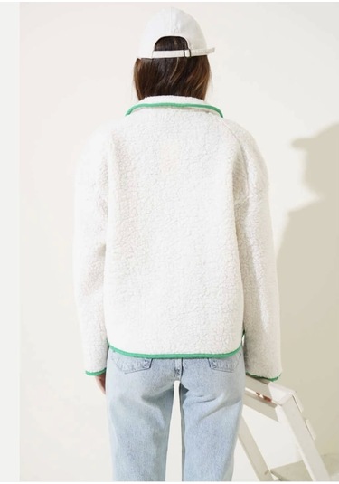 Yeşil Fermuar Cepli Kuzu Mont Beyaz T1085 Beyaz