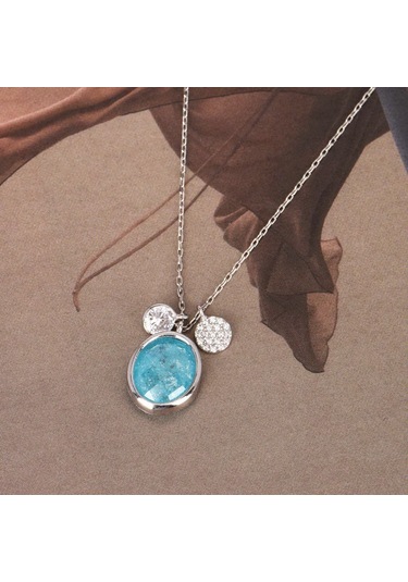 Zirkon Taşlı Pırlanta Montür Gümüş Rengi Kaplama Ortası Turkuaz Taşlı Desenli Oval Gümüş Kolye Gold - Rose Gold - Gümüş