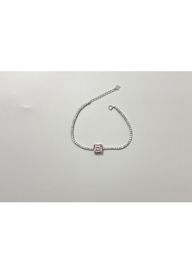 Silver Point Pembe Renk Kare Baget Taşlı Suyolu Bileklik Gümüş