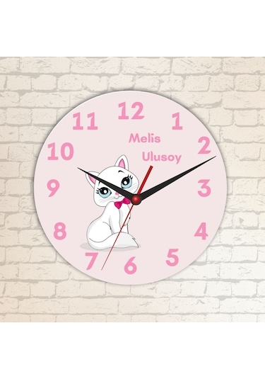 Çocuklara Özel Kedi Tasarımlı Duvar Cam Saati Beyaz
