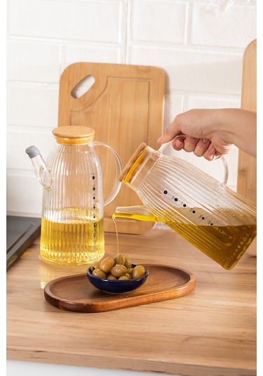 Porsima 2091 Bambu Kapaklı Vakumlu Ölçekli Borosilikat Cam 2li Yağdanlık Yağlık Sirkelik Seti 1000ml Şeffaf