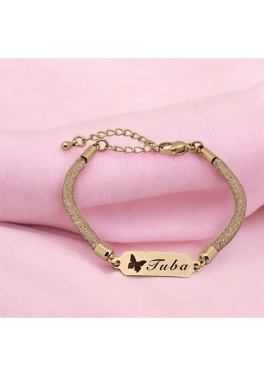 Archin Tuba İsmine Özel 14 Ayar Altın Plakalı Hasır Kordonlu Kelebek Motifli Hediye Bileklik-647isim Tuba
