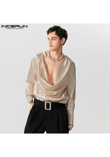 Incerun Salıncak Yaka Erkek Hollow Out Uzun Kollu Saten Üstler Bej