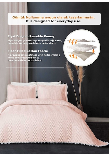 Evlen Home Ponponlu %100 Pamuk Tek Kişilik Günlük Yatak Örtüsü Pike Takımı Seti Pudra