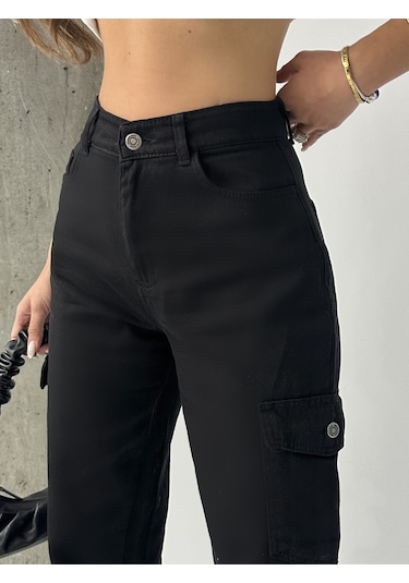 Kadın Paça Lastik Kargo Cep Keten Mom Pantolon Siyah