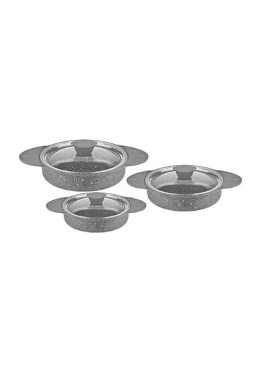 OMS Döküm Granit 6 Parça Kapaklı Sahan Set 16-18-20 cm Gri