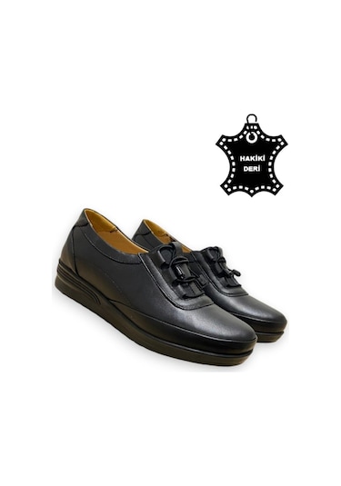 Günlük Kadın Hakiki Deri Comfort Tam Ortopedik Anne Ayakkabısı Siyah Lastikli Siyah