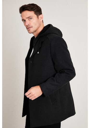 Buratti Çıkarılabilir Kapüşonlu Kırçıllı Slim Fit Kaşe Erkek Kaban 5841013 Füme