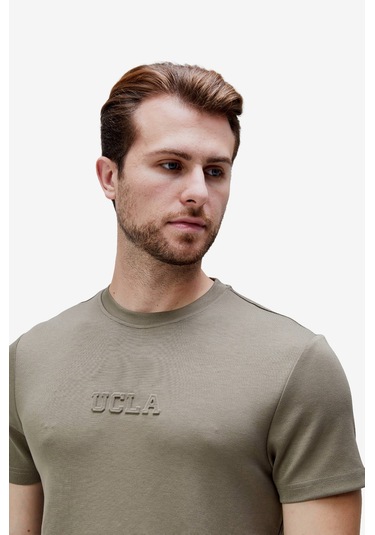 Canary Haki Bisiklet Yaka Gofre Baskılı Modal Kumaş Standard Fit Erkek Tshirt Haki