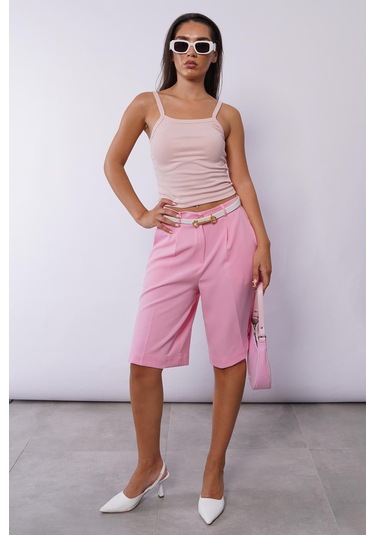 Madmext Pembe Pileli Kadın Bermuda Şort Mg2483 Pembe