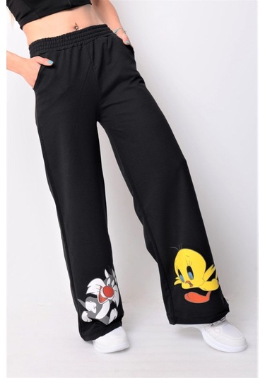 Kadın Siyah Baskılı Bol Paça Eşofman Altı Siyah