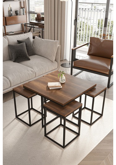 Lizbon 4+1 Kare Sehpa Takımı Siyah Metal - Barok Tabla