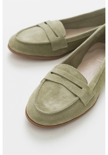 F02 Açık Yeşil Süet Hakiki Deri Kadın Loafer Ayakkabı Yeşil