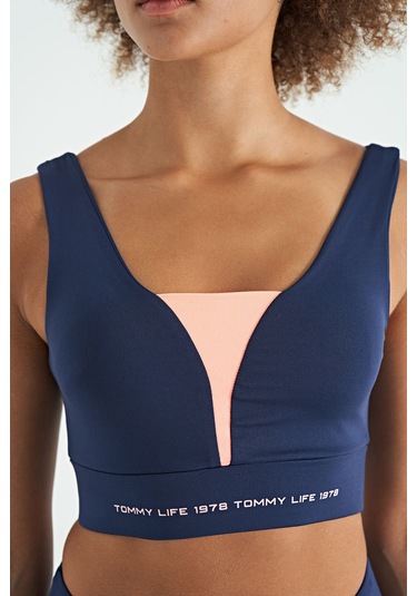 Tommy Life İndigo Yazı Baskılı Renk Bloklu Dar Kalıp Dalgıç Kumaş Kadın Büstiyer - 97271 İndigo
