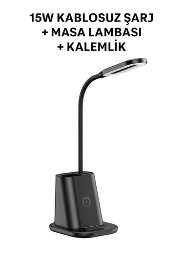 Güvenli Şarj Ve Modern Tasarım 3 Ü 1 Arada Kablosuz Şarjlı Masa Lambası Kalemlik Siyah